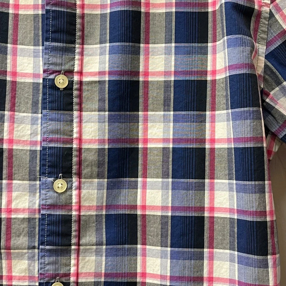 Banana Republic Men's M Grant‎ Fit Shirt Navy Pink Blue Plaid Oxford EUC